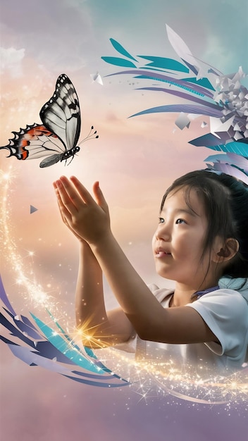 A menina liberta a borboleta do conceito de liberdade.