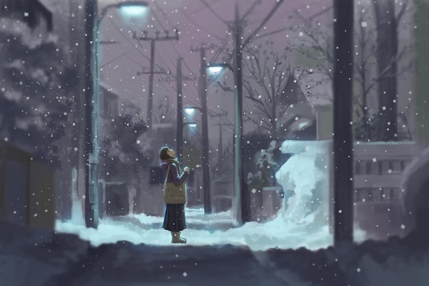 A menina na ilustração da neve