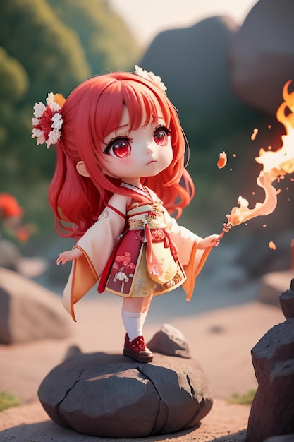 A menina no cheongsam vermelho chinês joga com fogo o mágico oriental manipula o elemento do fogo
