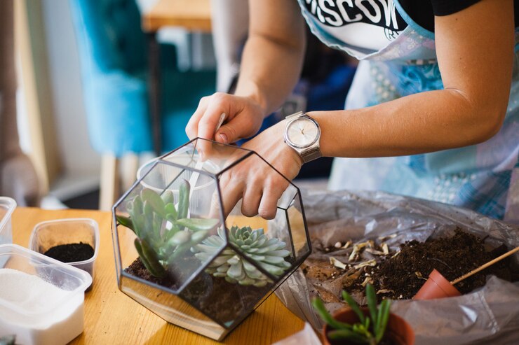 A menina planta uma forma de vidro, plantando flores, vidro terarium
