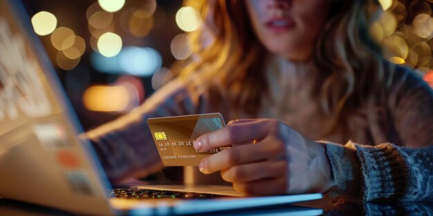 Foto a menina segura um cartão de crédito em suas mãos e faz compras na internet.