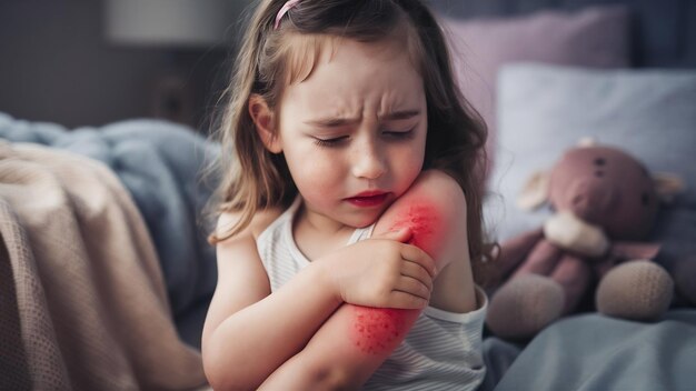 A menina tem alergia a erupções cutâneas e comichão no braço por picada de mosquito.