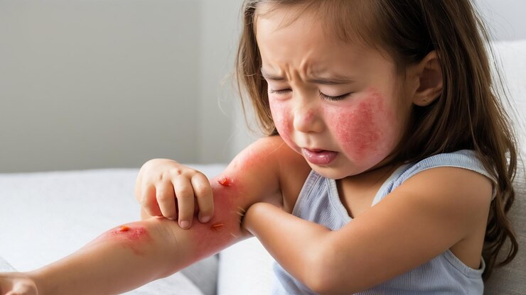 Foto a menina tem erupção cutânea, alergia, coceira e coceira no braço com picada de mosquito.
