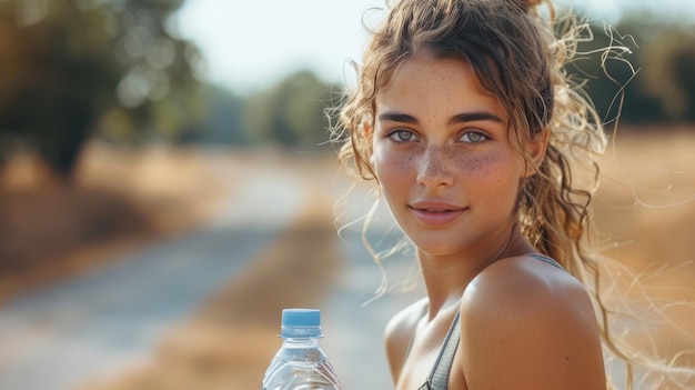 A menina tem um tapete nas mãos e está carregando uma garrafa de água