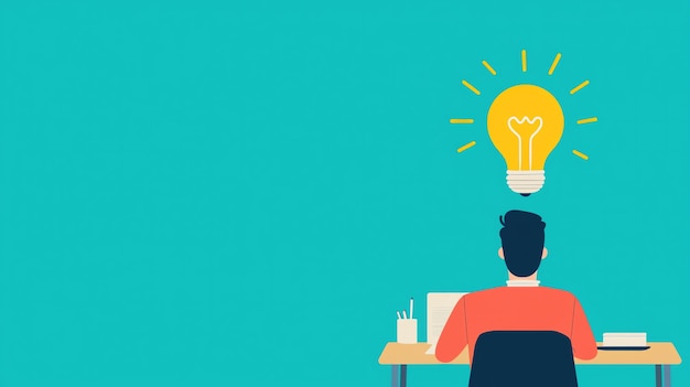 A mente do criador no trabalho lâmpada sobre a cabeça ilustração de design plano