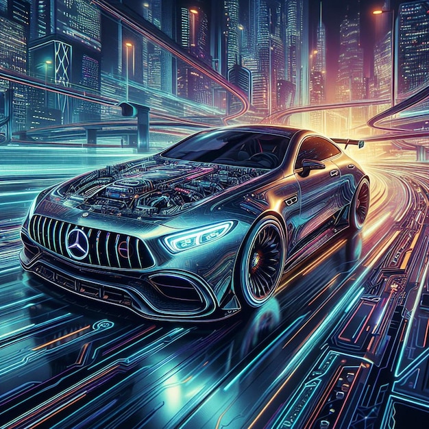 A Mercedes-Benz desliza por uma cidade futurista mostrando detalhes meticulosos e tons vibrantes.