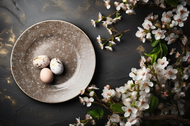 A mesa com flores de primavera para a celebração da Páscoa foi gerada.