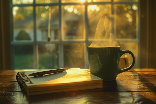 A mesa com uma xícara de café quente atmosfera matinal caderno caneta e espaço no lado esquerdo