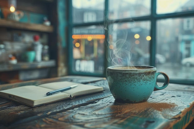 A mesa com uma xícara de café quente atmosfera matinal caderno caneta e espaço no lado esquerdo