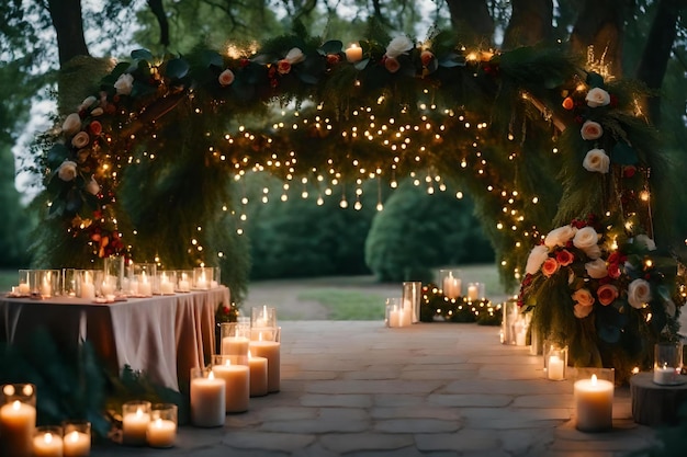 A mesa de casamento ao ar livre está preparada para um jantar romântico.