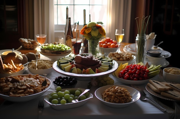 A mesa de férias em casa está cheia de comida