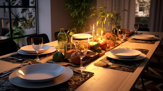 Foto a mesa de jantar está lindamente decorada.