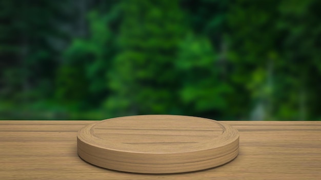 A mesa de madeira e a renderização 3d do fundo da floresta verde