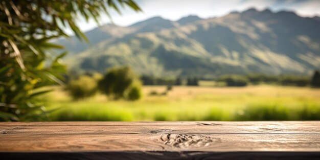A mesa de madeira marrom vazia com fundo desfocado da natureza da Nova Zelândia exuberante