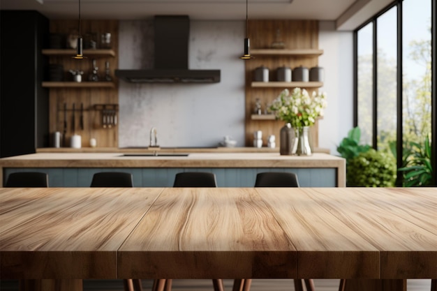A mesa de madeira se mistura com o fundo interior contemporâneo da sala de cozinha
