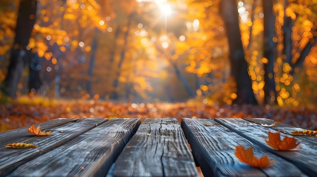 A mesa de madeira vazia com fundo desfocado de outono