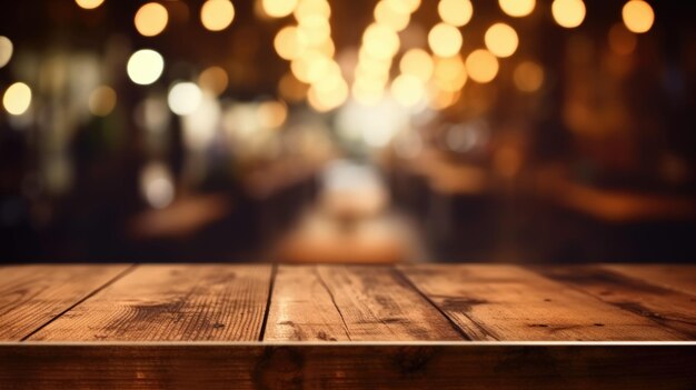 A mesa de madeira vazia com fundo desfocado de um café vintage interior Imagem exuberante