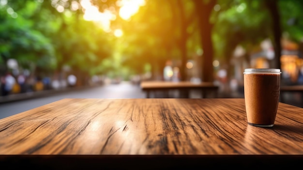 A mesa de madeira vazia com fundo desfocado do café ao ar livre pela manhã Generative AI AIG30