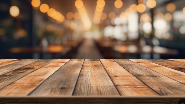 A mesa de madeira vazia com fundo desfocado do café Imagem exuberante