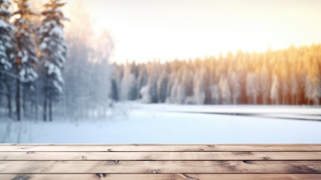 A mesa de madeira vazia com fundo desfocado do inverno na Finlândia Imagem exuberante