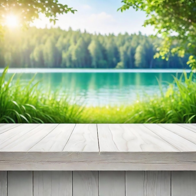 A mesa de madeira vazia com um fundo desfocado de lagos e florestas verdes geradas pela IA