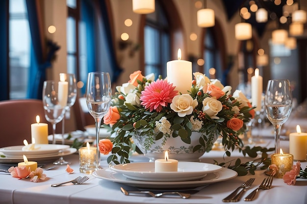 A mesa festiva do restaurante é decorada com velas e flores