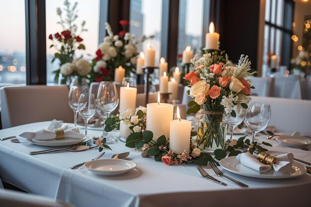 A mesa festiva do restaurante é decorada com velas e flores