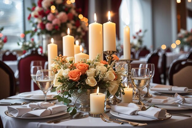 A mesa festiva do restaurante é decorada com velas e flores