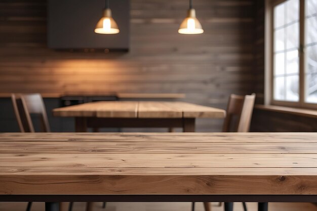 A mesa marrom de madeira vazia com fundo desfocado da sala de casa no inverno Imagem exuberante