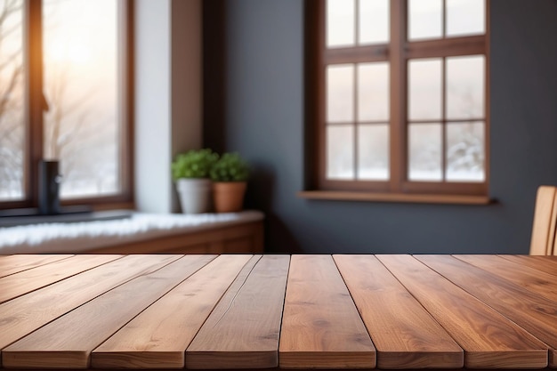 A mesa marrom de madeira vazia com fundo desfocado da sala de casa no inverno