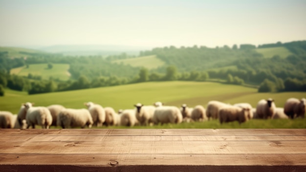 A mesa marrom de madeira vazia com fundo desfocado de pastagem de ovelhas exuberante