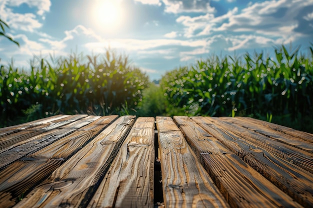 A mesa marrom de madeira vazia com um fundo desfocado de campo de milho