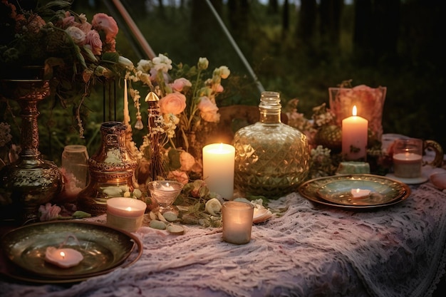 a mesa posta e velas na grama com móveis e acessórios no estilo algodão oliva