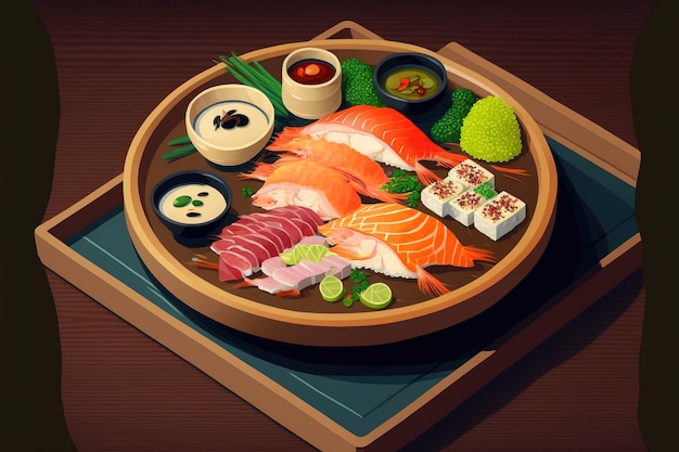 A mesa tem um prato de sashimi e sushi