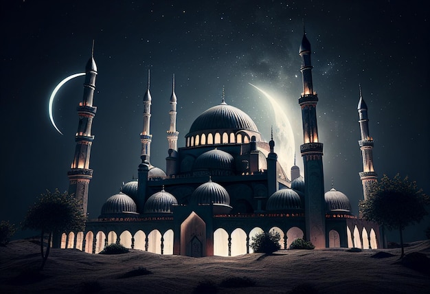 a mesquita no céu crepuscular escuro bandeira de estilo islâmico