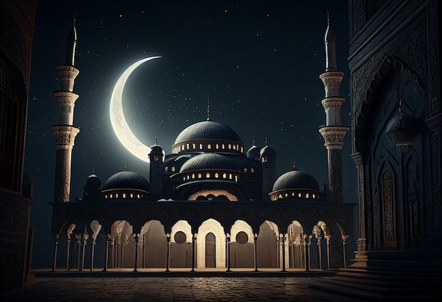 a mesquita no céu crepuscular escuro bandeira de estilo islâmico