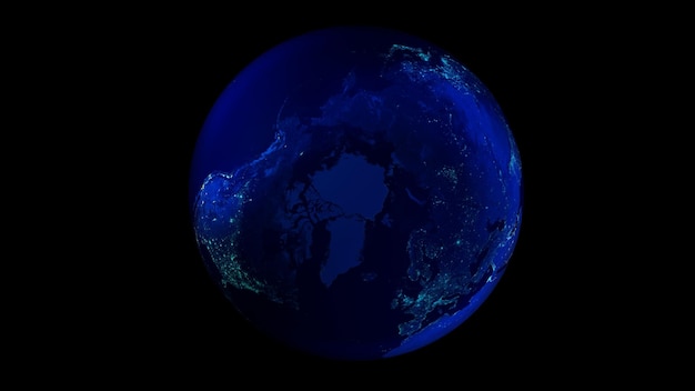 A metade noturna da terra vista do espaço, mostrando a América do Norte, Ásia e Europa