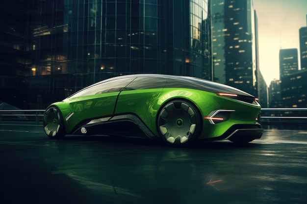 A metáfora do carro ecológico verde ECO Revolução carro ecológico futurista na cidade