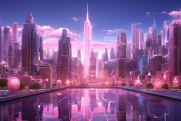 Foto a metrópole no horizonte da cidade rosa iluminada com rosa l 00435 03