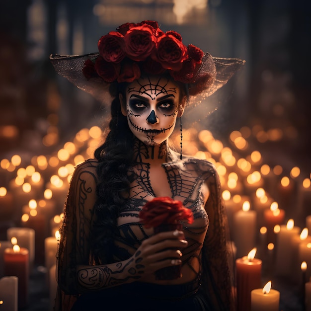 A mexicana Catrina caminha graciosamente por um cemitério adornado com uma abundância de velas tremeluzentes