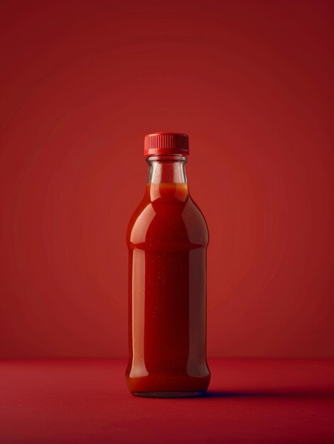 Foto a minimalist designfocused red sauce bottle contrasts against a deep red backdrop highlighting its singular bold color