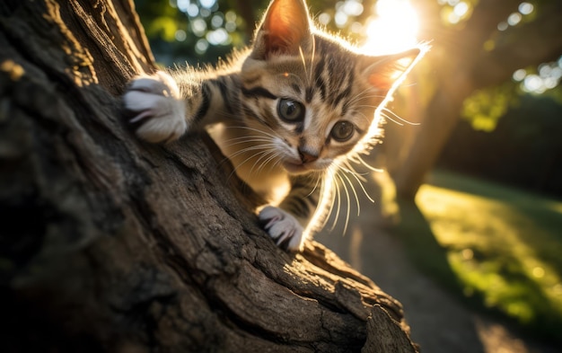 A missão ao ar livre do gatinho conquistando um tronco de árvore alto