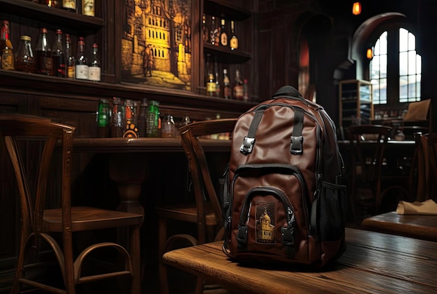 a mochila é colocada em frente a um bar e uma mesinha no estilo do simbolismo iconográfico