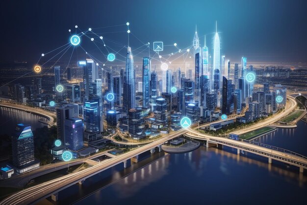 A moderna comunicação criativa e a rede de internet se conectam em uma cidade inteligente