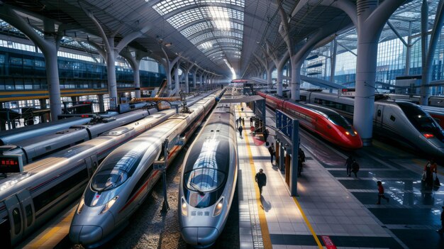 A moderna estação ferroviária de alta velocidade está cheia de atividade, à medida que os viajantes embarcam e desembarcam de trens elegantes