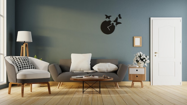 A moderna sala de estar com poltrona cinza tem prateleiras de armário e madeira no piso de madeira e parede cinza, renderização em 3d