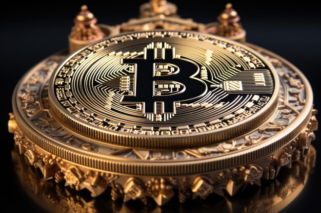 A moeda dourada de Bitcoin em dólares americanos fecha acima de criptografias eletrônicas generativas IA