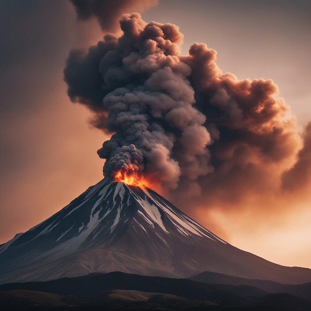 A montanha em erupção vomita cinzas de fogo para o céu.