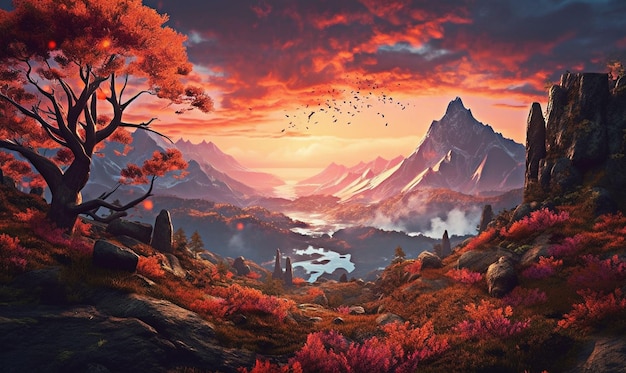 A montanha exibe cores radiantes ao pôr do sol generativo ai