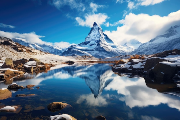 A montanha reflete-se na água quieta de um lago.